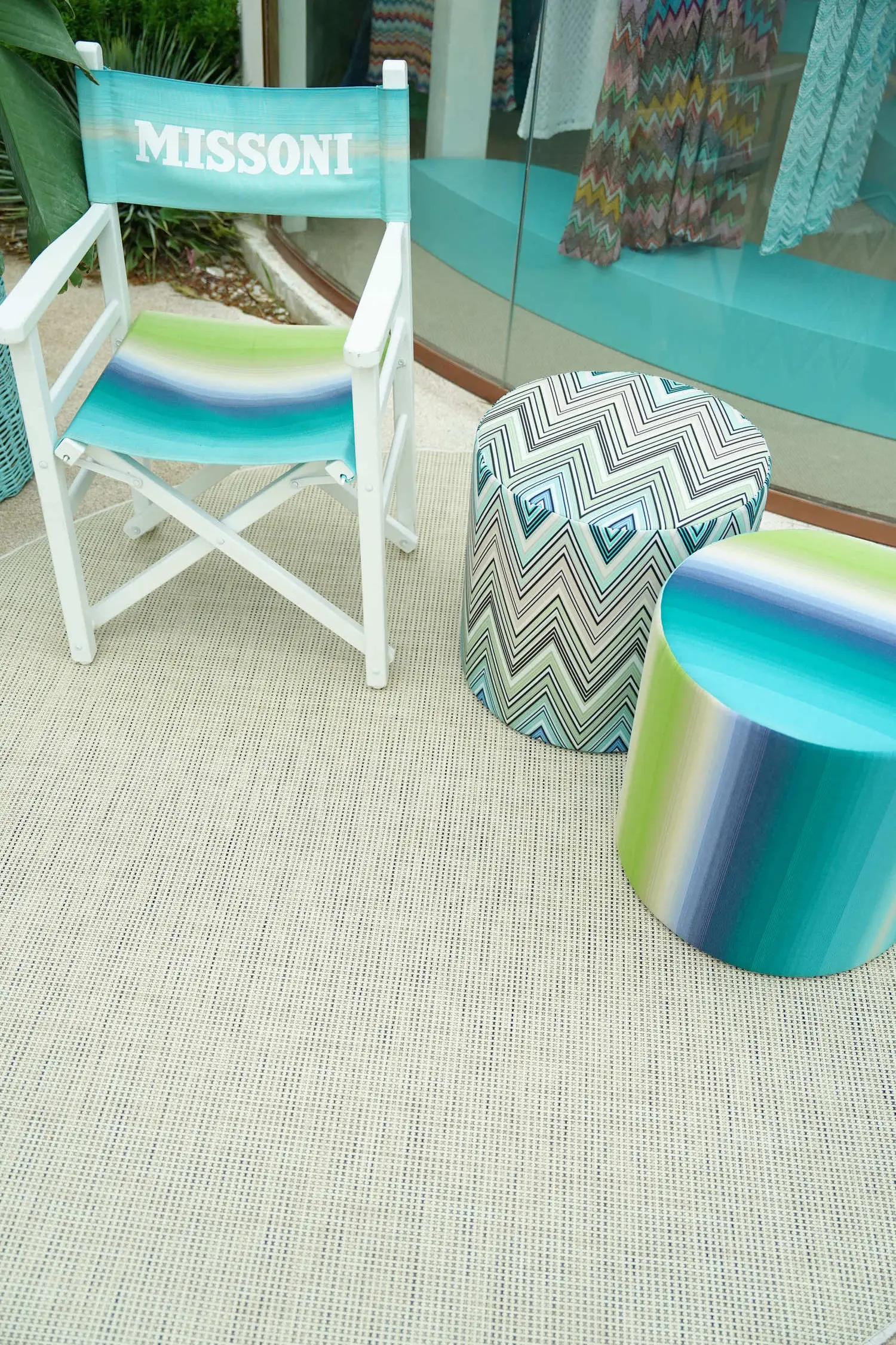 Missoni branded chair and patterned pouf